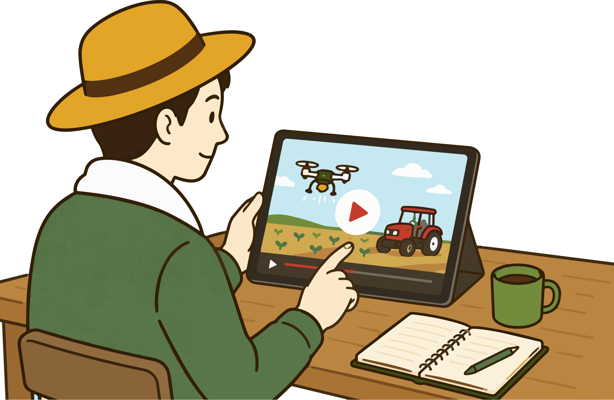 タブレットでスマート農業動画を視聴する農業者